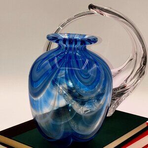 Vintage 1970's David R Boutin Blue Pulled Feather  Art Glass Display Vase